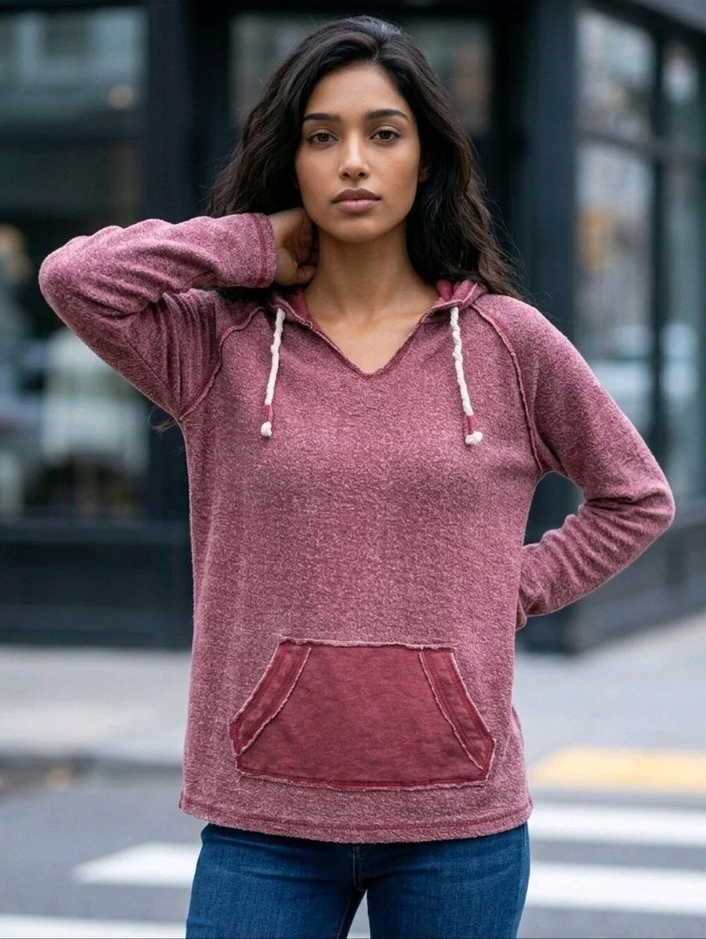 Vintage Havana Baja Reverse Terry Hoodie Red Raw Hem Pullover Sweatshirt Small